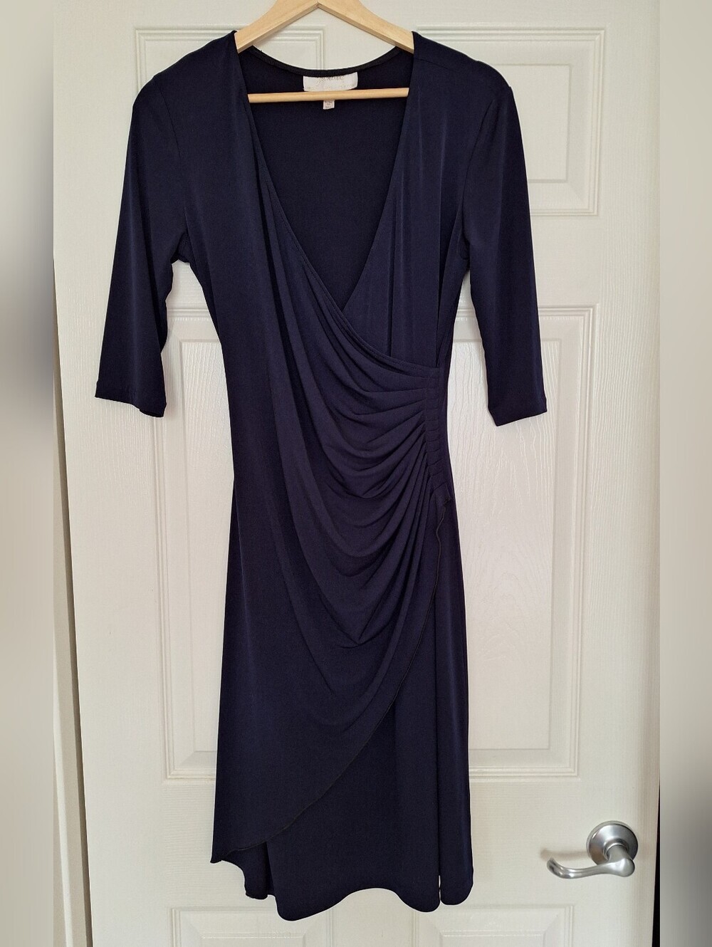 Jasmine Navy Blue Faux Wrap Ruched Dress Size M